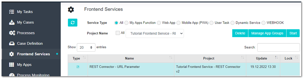 Training Frontend Service - Rest Connector (URL Parameter)